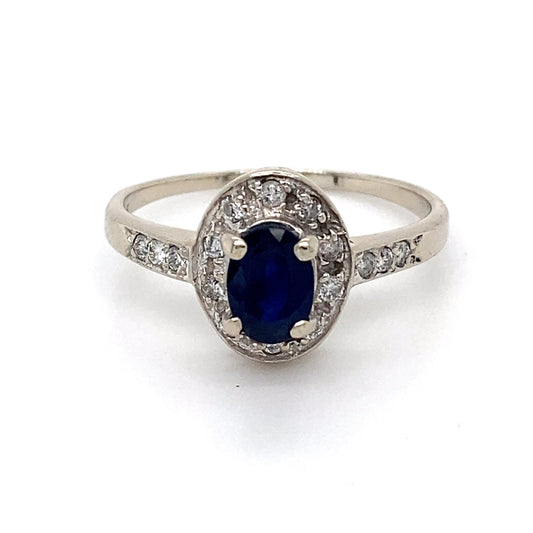 14K White Gold Sapphire & Halo Diamond Ring; 0.15CTW; Size 9.5; 3.0g