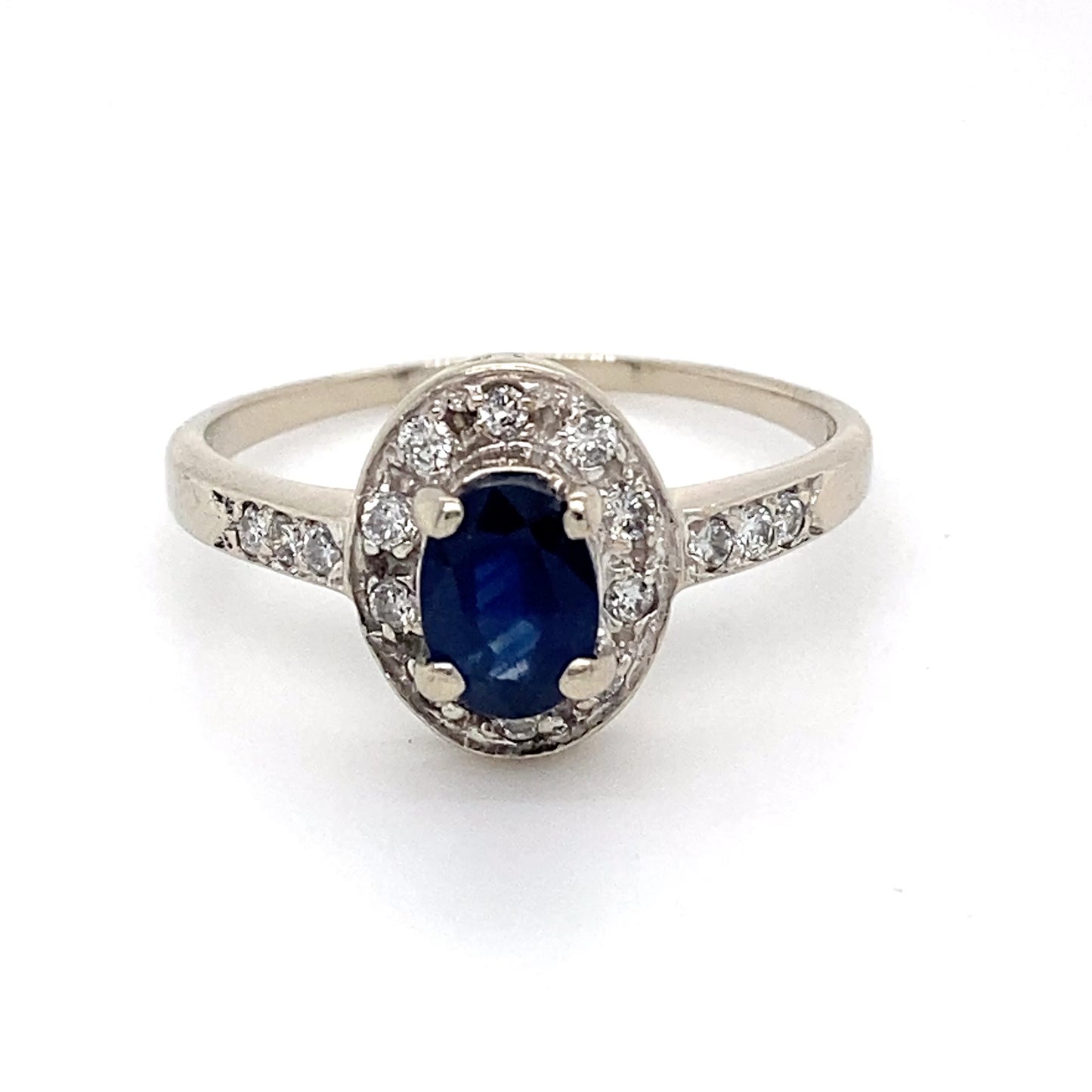 14K White Gold Sapphire & Halo Diamond Ring; 0.15CTW; Size 9.5; 3.0g