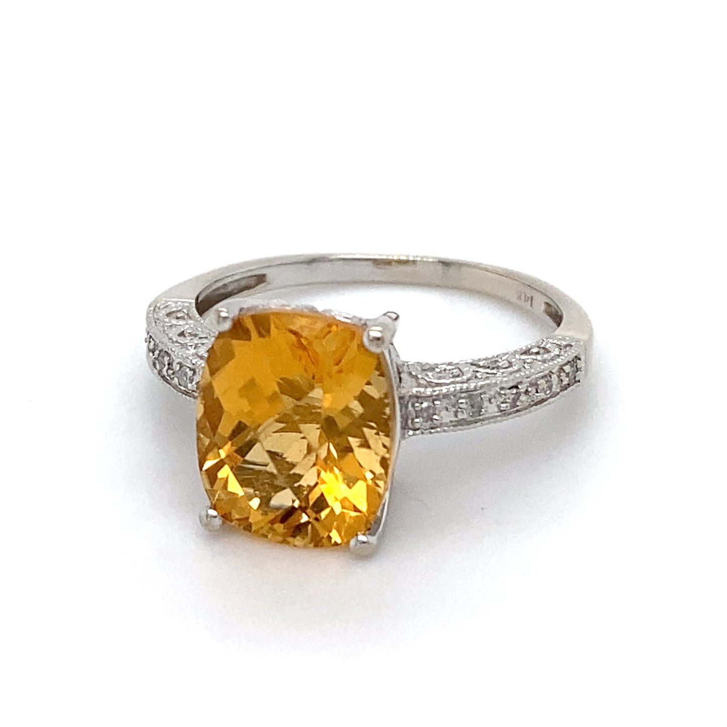 14K White Gold Citrine and Diamond Ring; 0.08CTW; Size 8; 3.9g