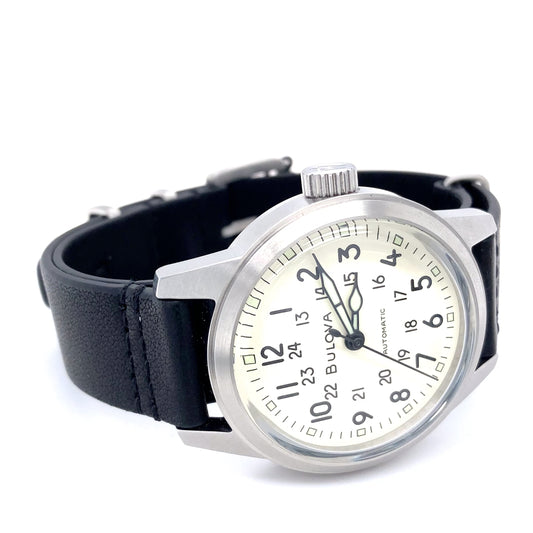 Bulova 96A246: White Cream Dial Black Leather Strap Hack Watch