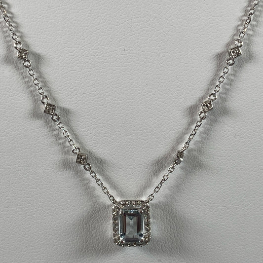 14K White Gold Aquamarine & Diamond 18" Necklace & Pendant