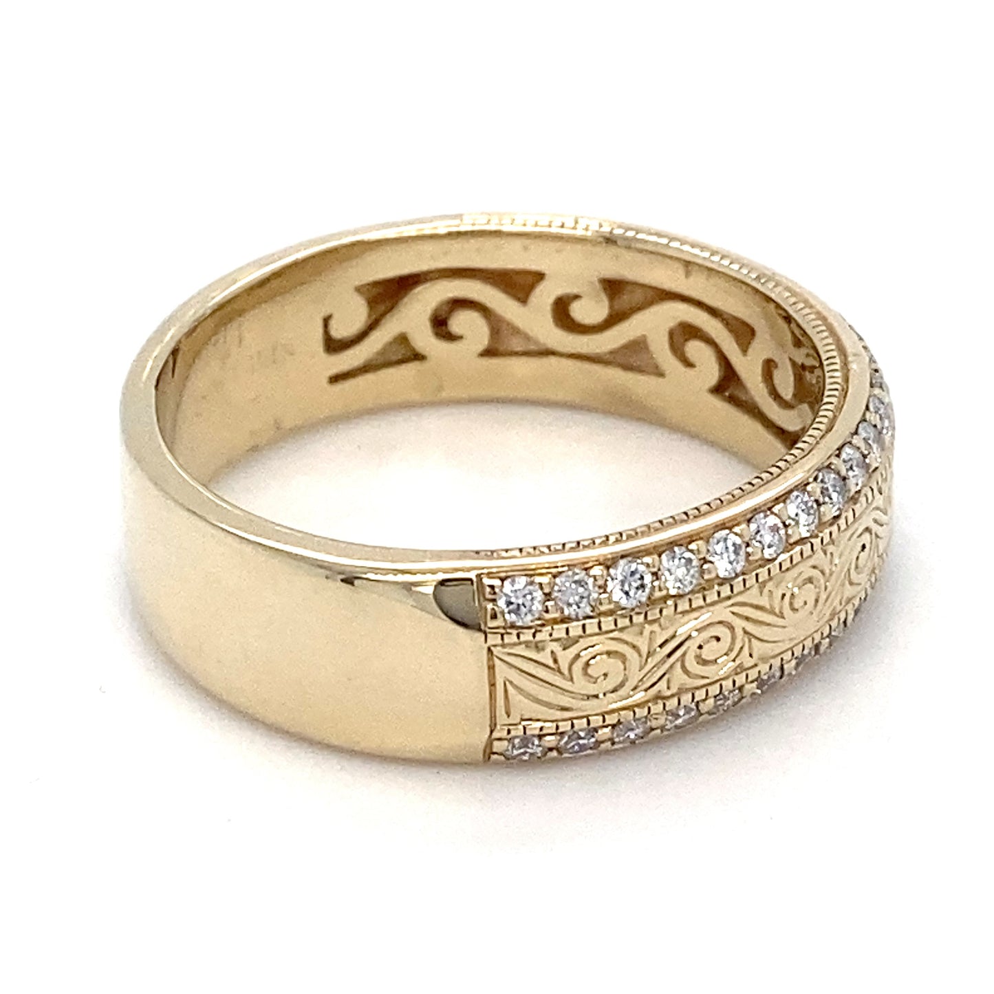 14K Yellow Gold Etched Band & Diamonds Men's Ring; 4.4DWT; Size 9