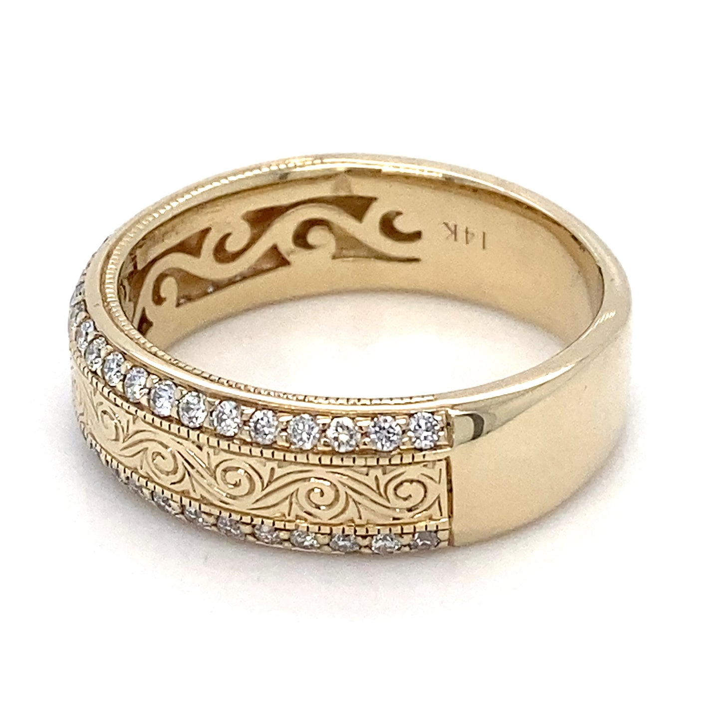 14K Yellow Gold Etched Band & Diamonds Men's Ring; 4.4DWT; Size 9