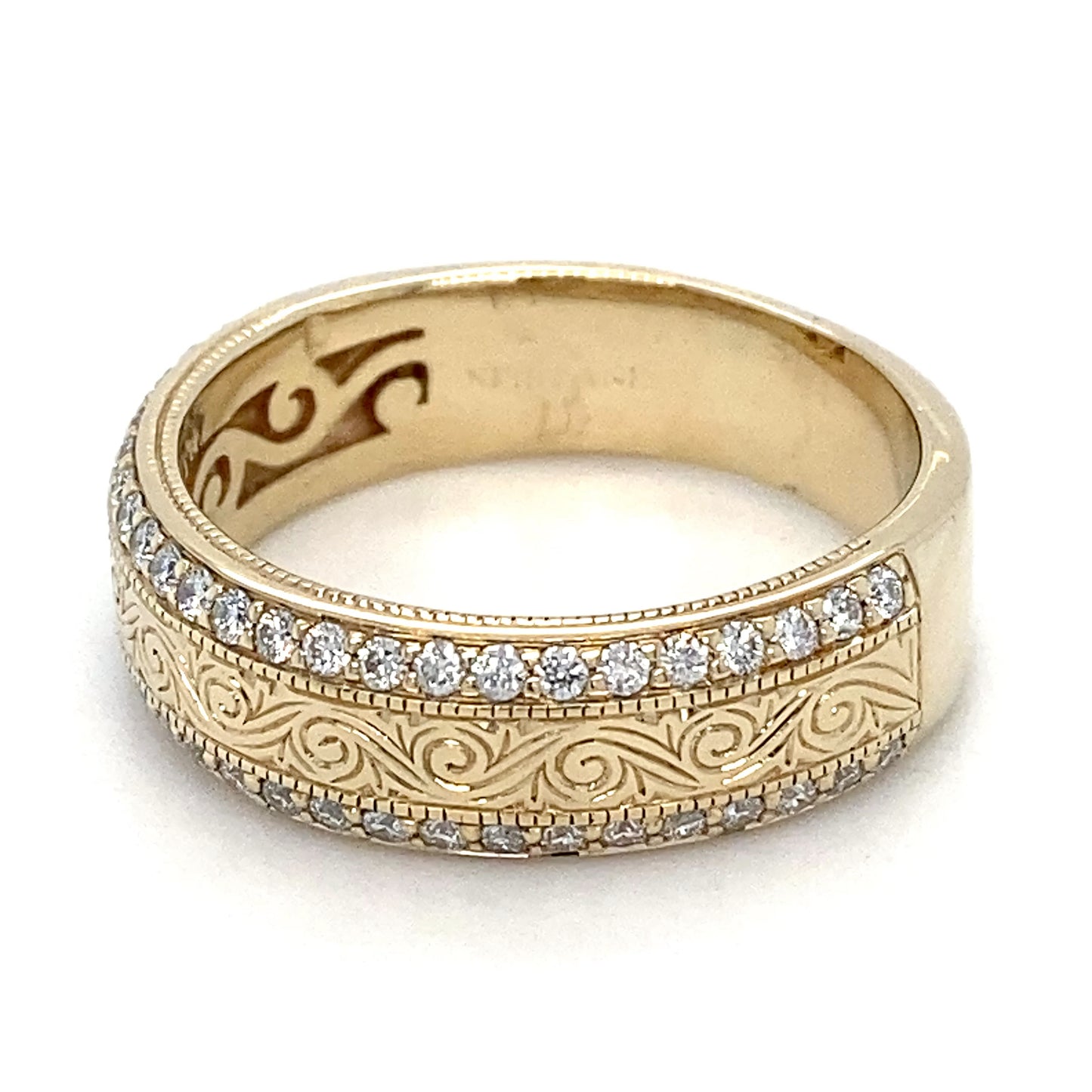 14K Yellow Gold Etched Band & Diamonds Men's Ring; 4.4DWT; Size 9