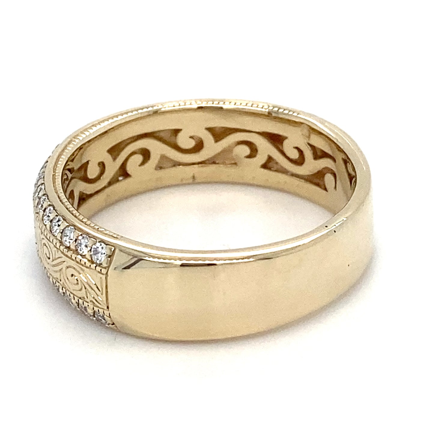 14K Yellow Gold Etched Band & Diamonds Men's Ring; 4.4DWT; Size 9