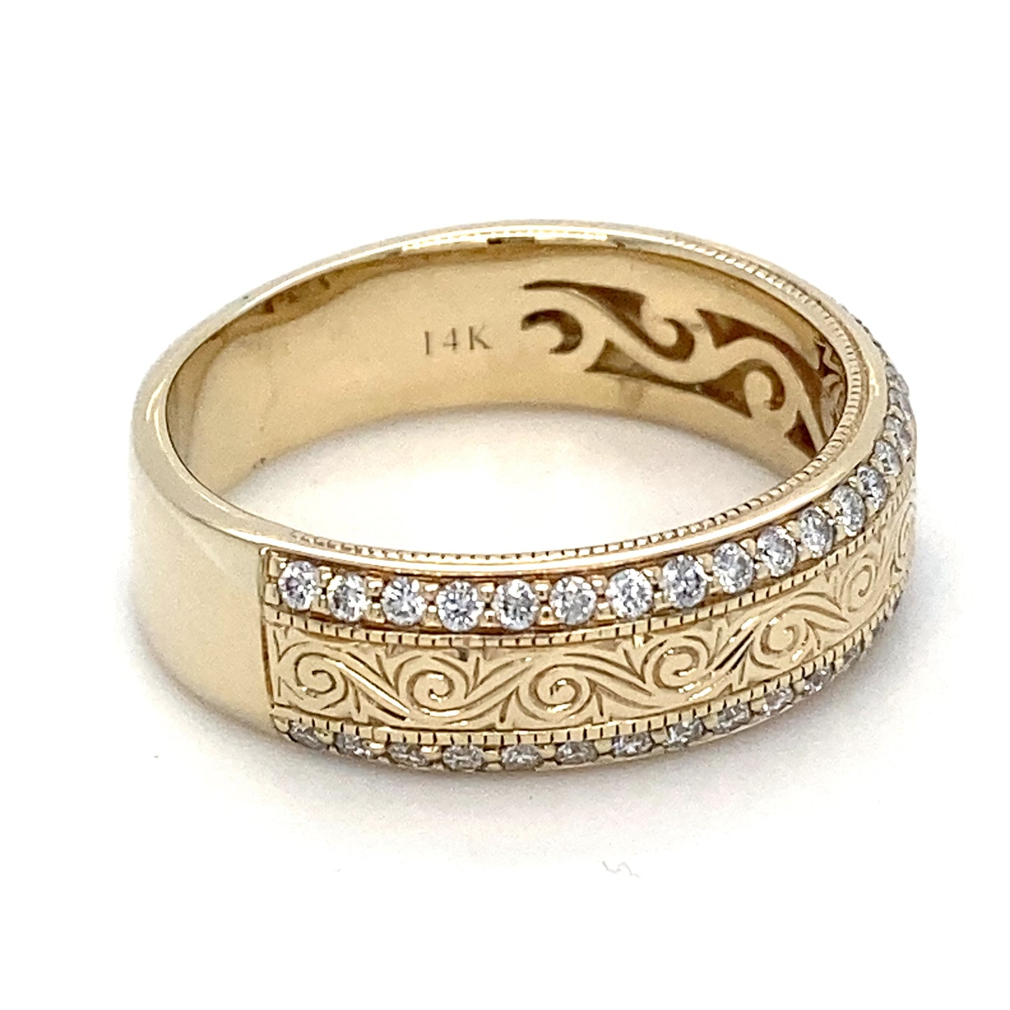 14K Yellow Gold Etched Band & Diamonds Men's Ring; 4.4DWT; Size 9