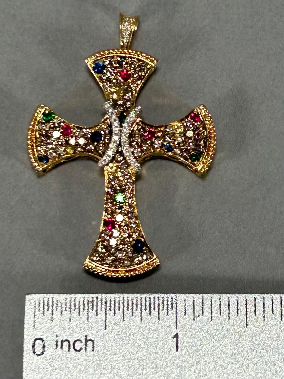 18K Yellow Gold Diamond Ruby & Sapphire Cross Pendant; 1.0 CTW; 12.3 g