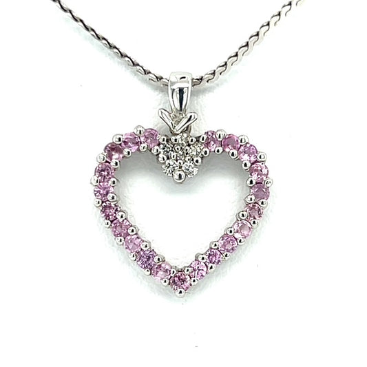14K White Gold Diamond & Pink Sapphire Heart Pendant on 16" Chain Necklace