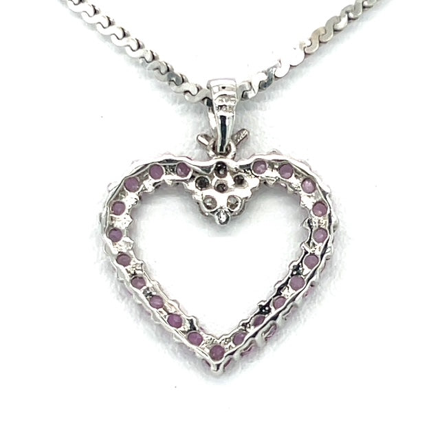 14K White Gold Diamond & Pink Sapphire Heart Pendant on 16" Chain Necklace