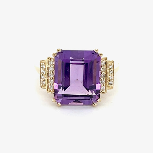 14K Yellow Gold Diamond & Amethyst Lady's Ring; 4.6g; Size 7