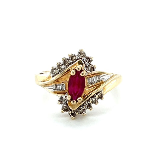 10K Yellow Gold Synthetic Ruby & CZ Lady's Accent Ring; 3.4g; Size 7