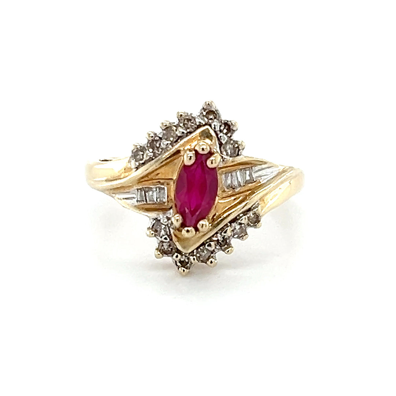 10K Yellow Gold Synthetic Ruby & CZ Lady's Accent Ring; 3.4g; Size 7
