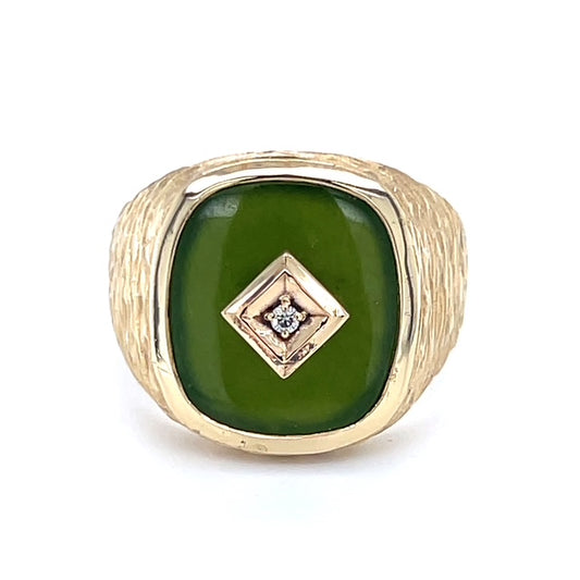 10K Yellow Gold Vintage Gentleman's Green Stone & Diamond Accent Ring; 7.6g; Size 10.25