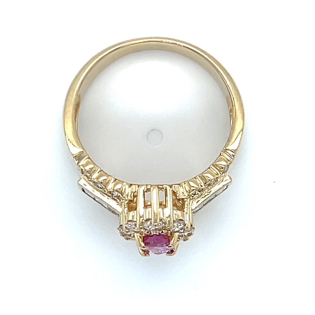 14K Yellow Gold Diamond & Pink Sapphire Lady's Ring; Size 7