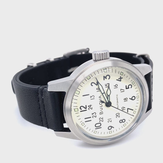 Bulova 96A246: White Cream Dial Black Leather Strap Hack Watch
