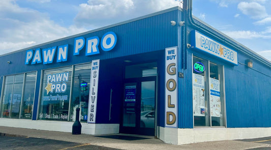 Pawn Pro blue building on Erie Boulevard E in Syracuse – bright blue storefront with gold logo and private parking lot