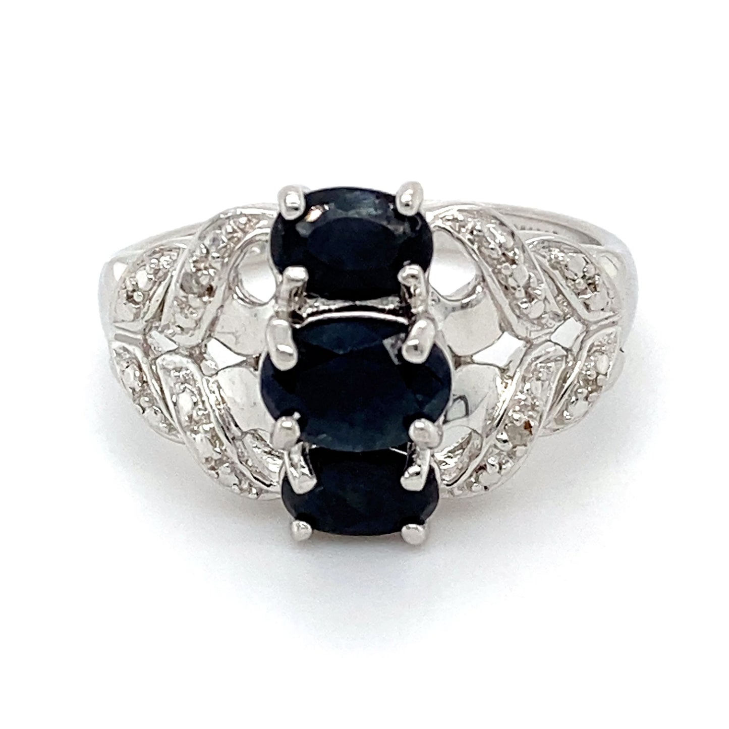 925 Silver Diamond and Sapphire Ring; Size 9; 4.4g