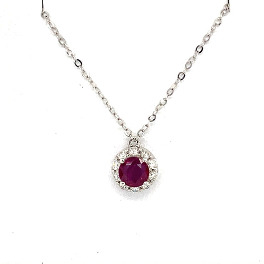 18K White Gold Diamond & Ruby Pendant on 18" Chain Necklace