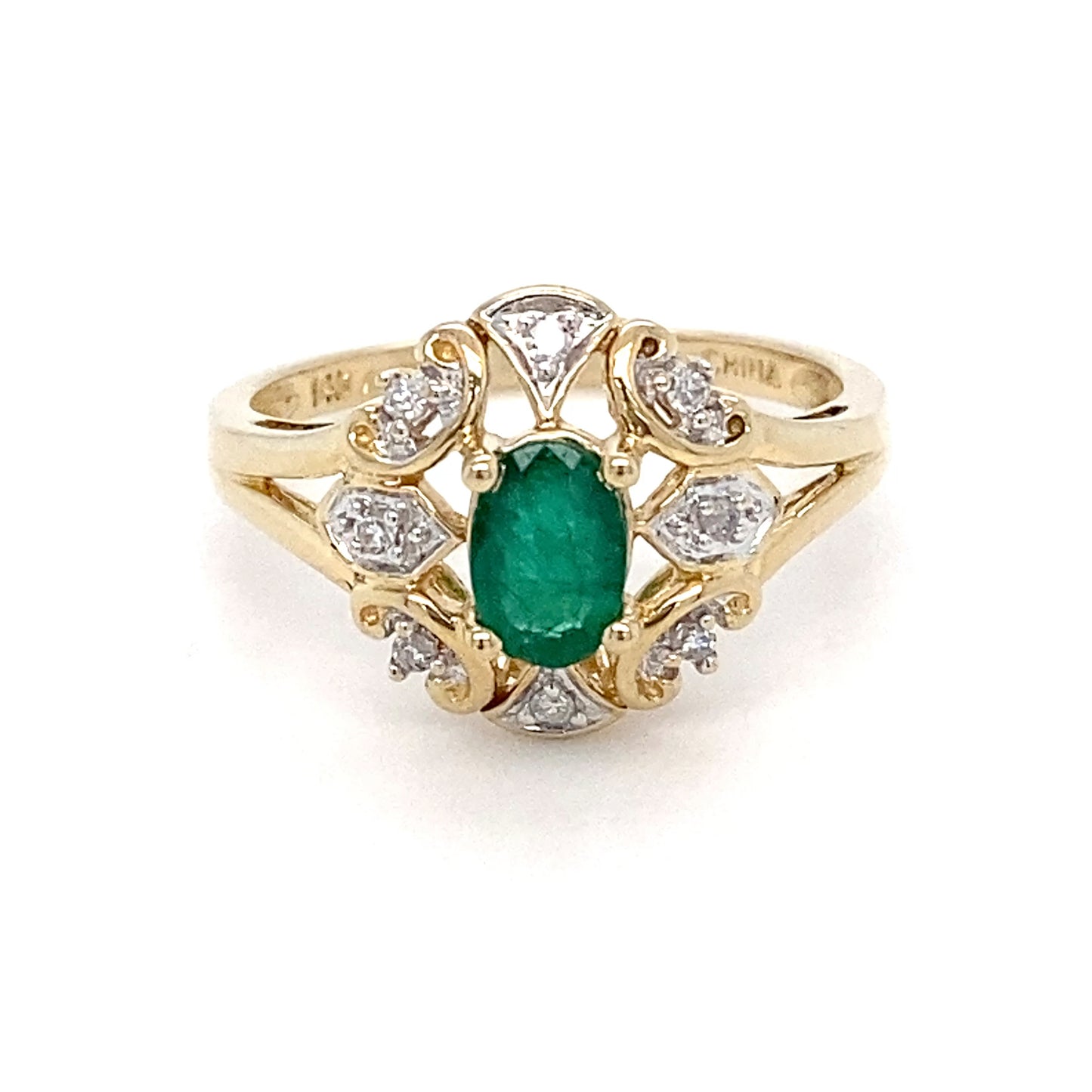 14K Yellow Gold Emerald & Diamonds Ring; 1.6DWT; 2.5g; Size 6