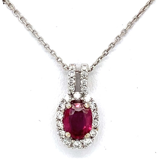 14K White Gold Diamond & Ruby Pendant on 20" Chain Necklace