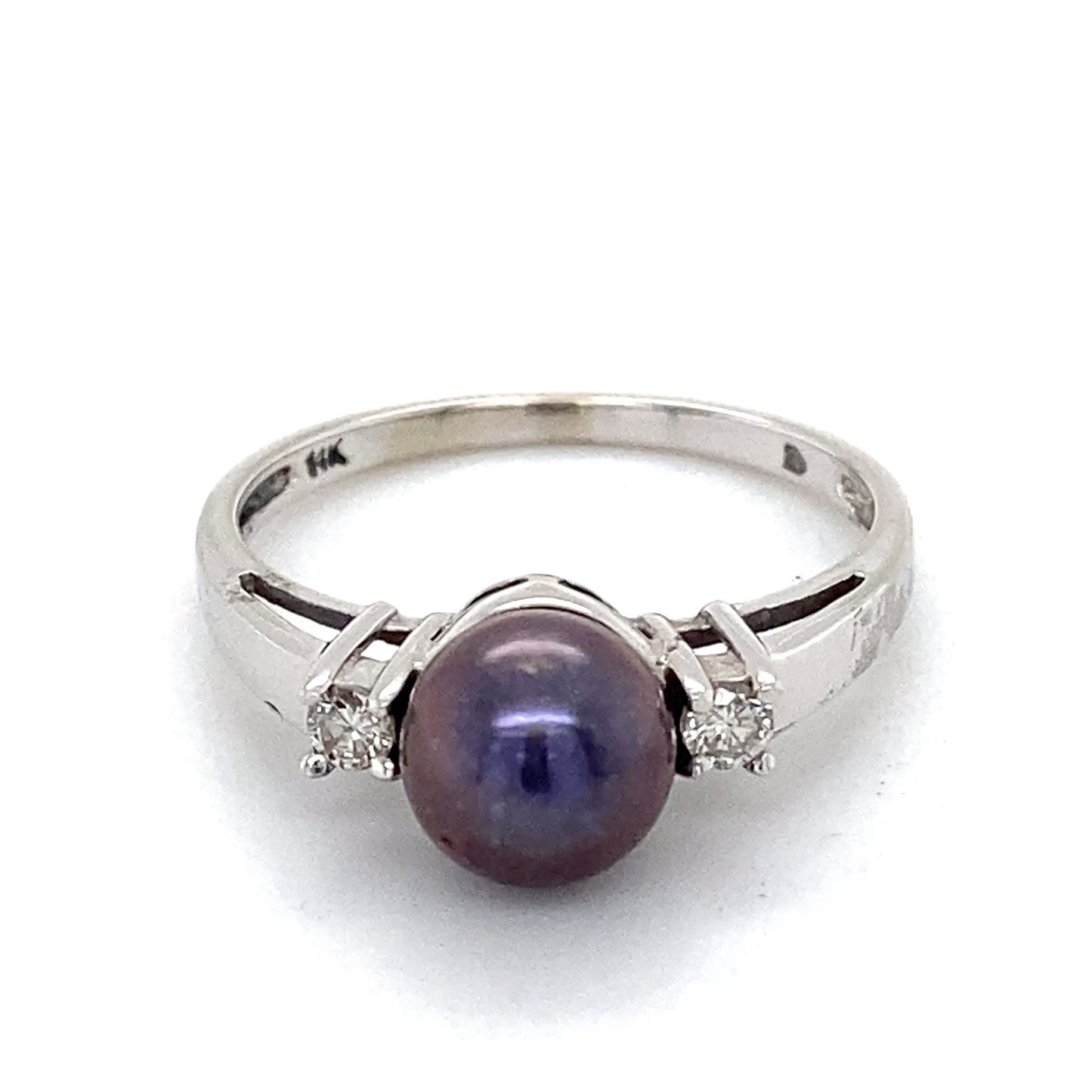 14K White Gold Diamond & Pearl Solitaire Ring; 1.5DWT: Size 7