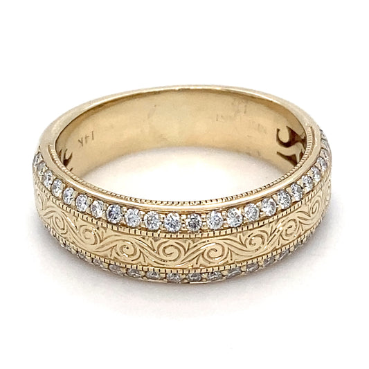 14K Yellow Gold Etched Band & Diamonds Men's Ring; 4.4DWT; Size 9