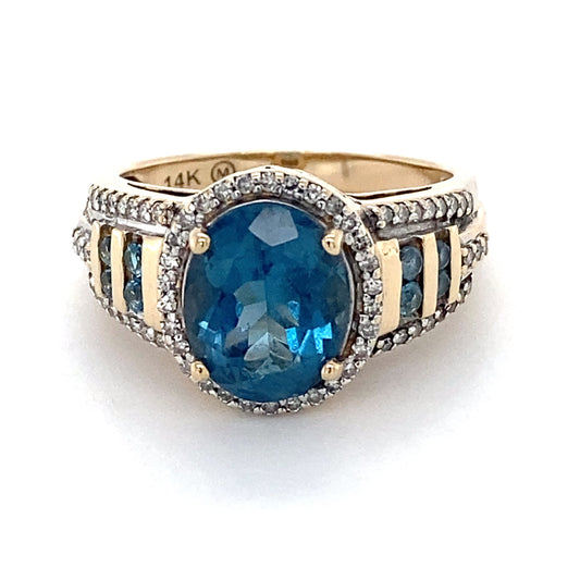 14K Yellow Gold Blue Topaz & Diamond Ring; 3.8DWT; Size 7