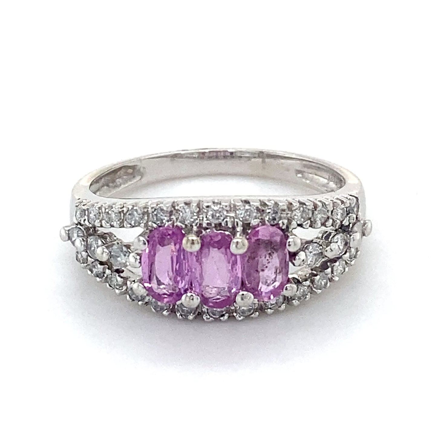 14K White Gold Diamond & Pink Sapphire Lady's Ring; 1.9DWT; Size 7
