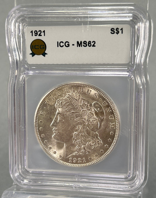 1921 Silver Morgan Dollar ICG-MS62