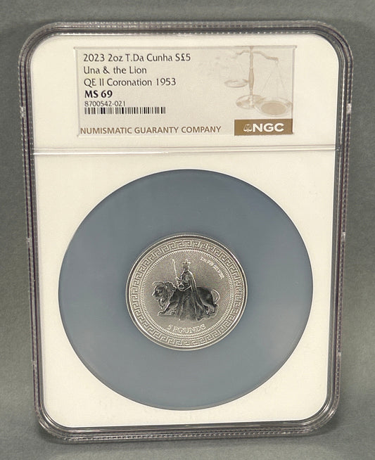2023 2oz T.Da Cunha 5 Pounds Una & the Lion NGC MS 69 Coin