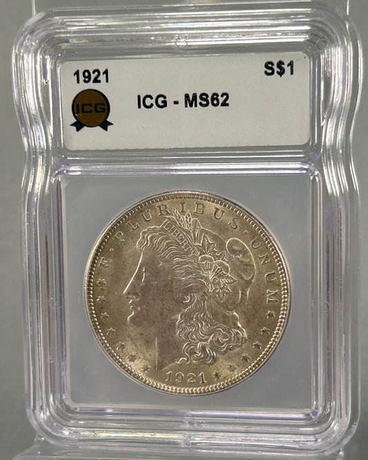 1921 Silver Morgan Dollar ICG-MS62