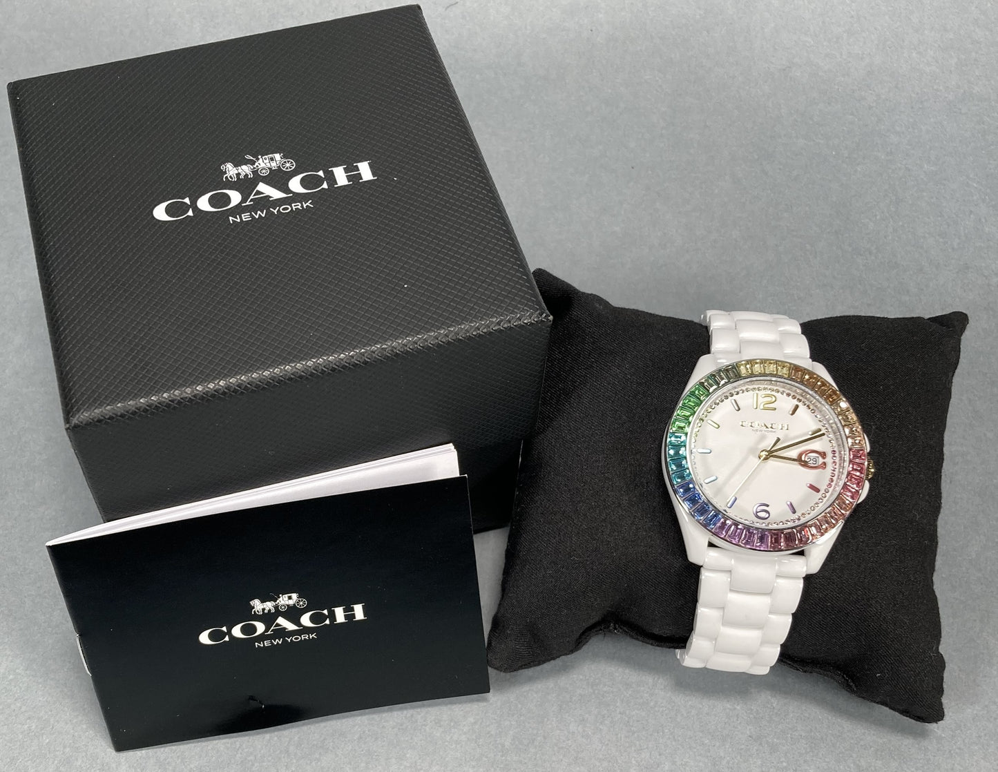 COACH Greyson Rainbow Crystal Accents and White Ceramic Bracelet Watch | 36mm