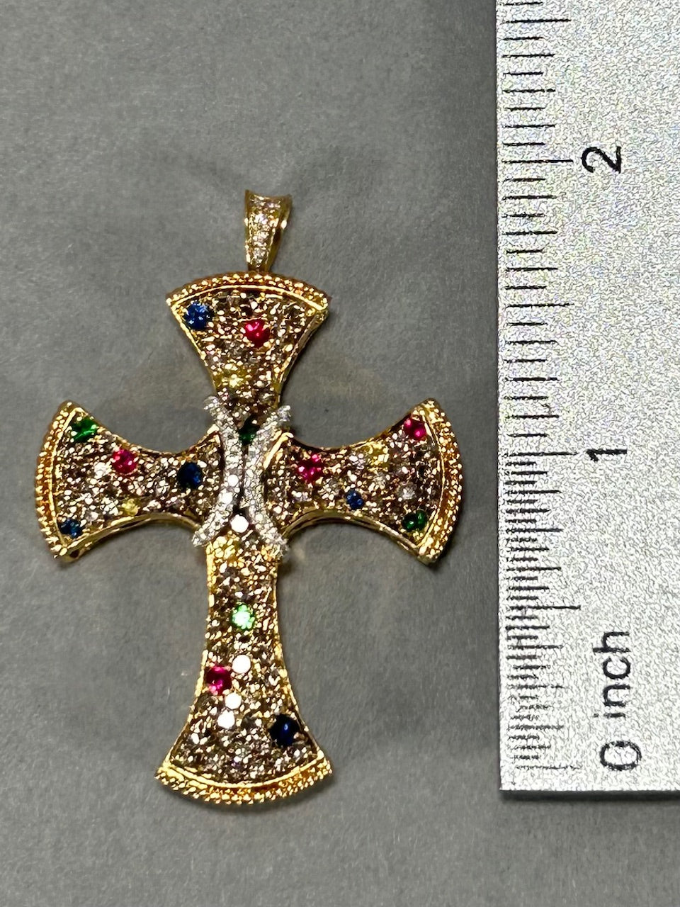 18K Yellow Gold Diamond Ruby & Sapphire Cross Pendant; 1.0 CTW; 12.3 g