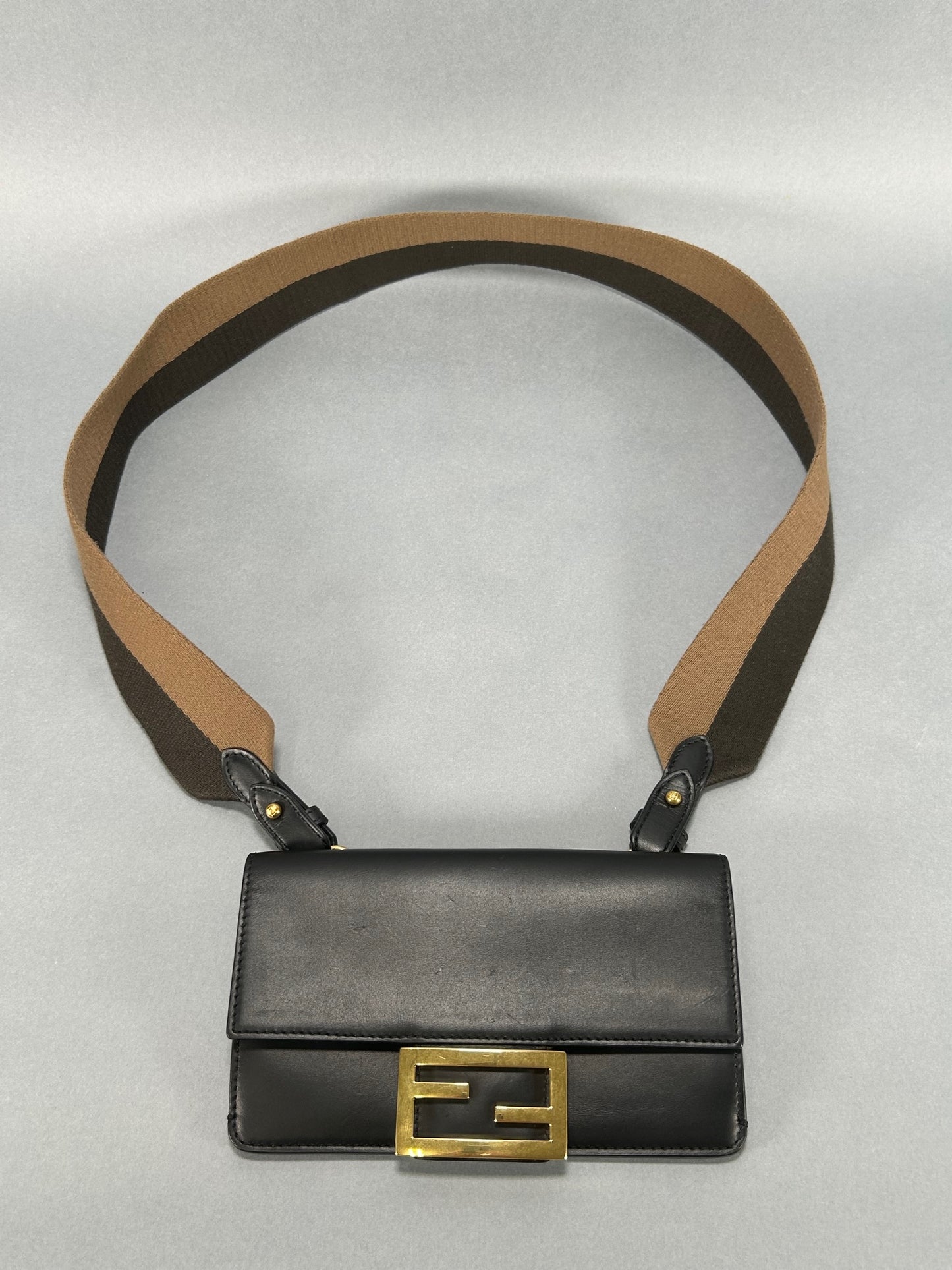 Black Calfskin Mini Flat Baguette with Strap