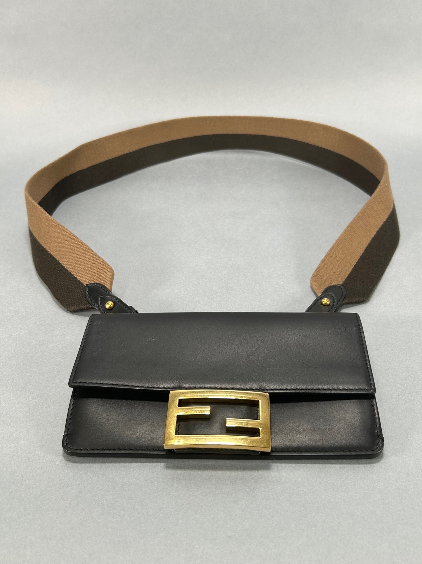 Black Calfskin Mini Flat Baguette with Strap