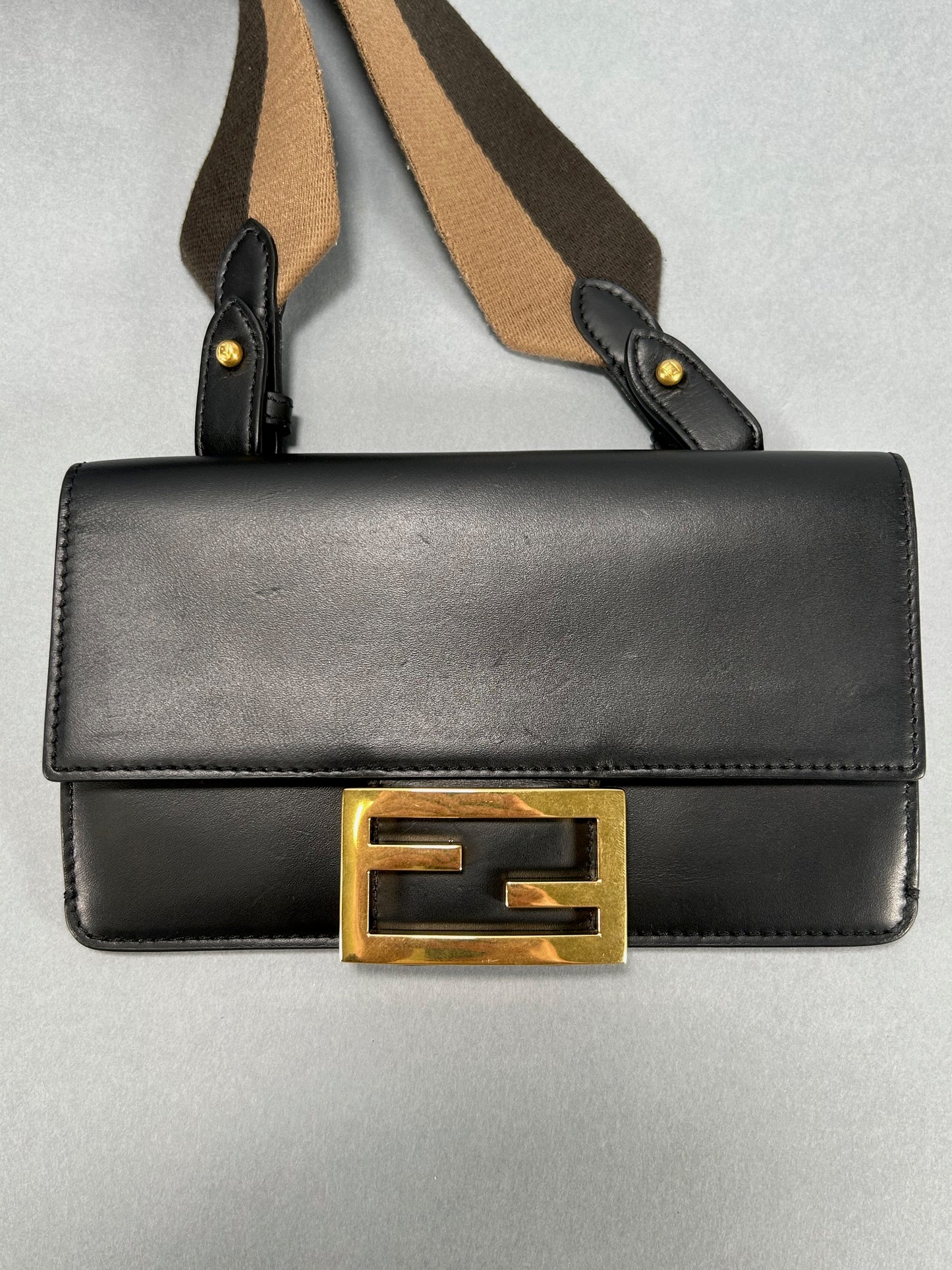 Black Calfskin Mini Flat Baguette with Strap