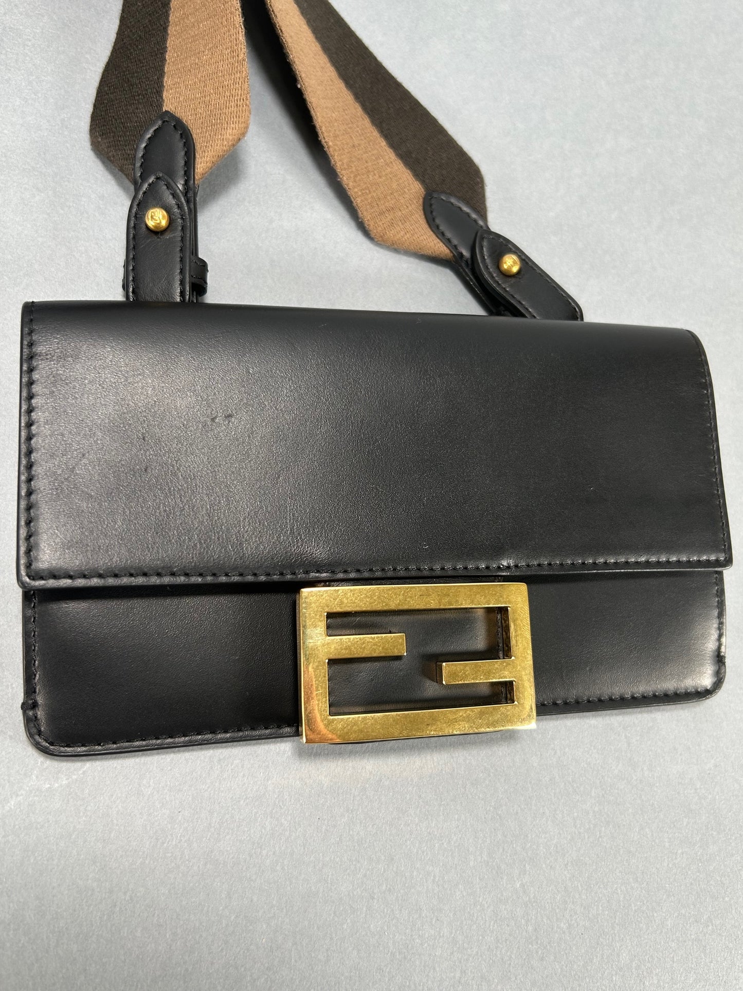 Black Calfskin Mini Flat Baguette with Strap