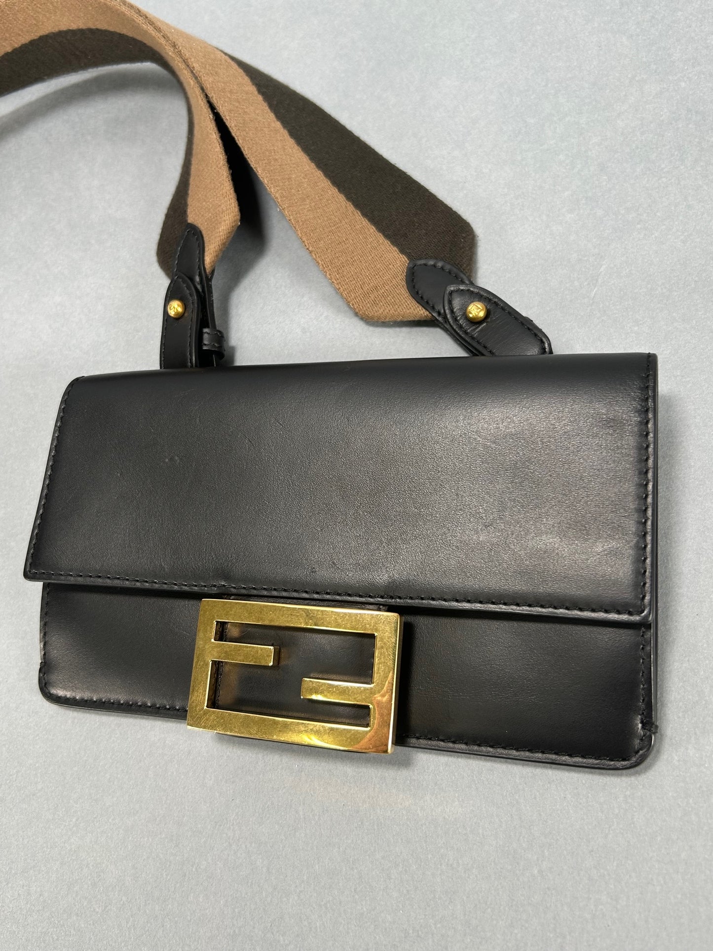 Black Calfskin Mini Flat Baguette with Strap