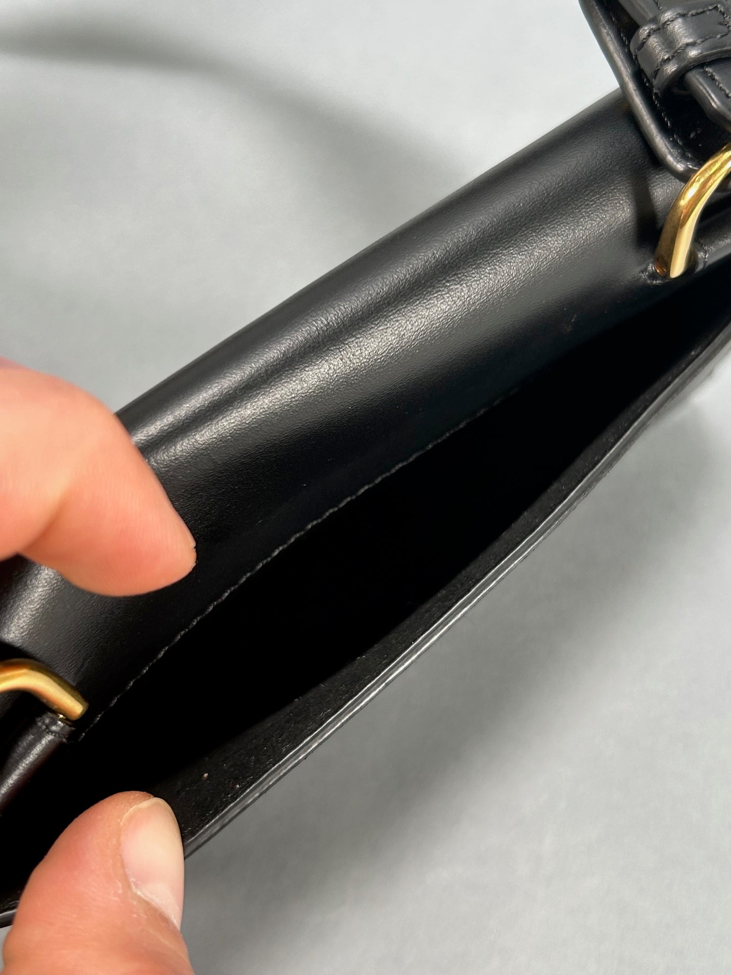 Black Calfskin Mini Flat Baguette with Strap