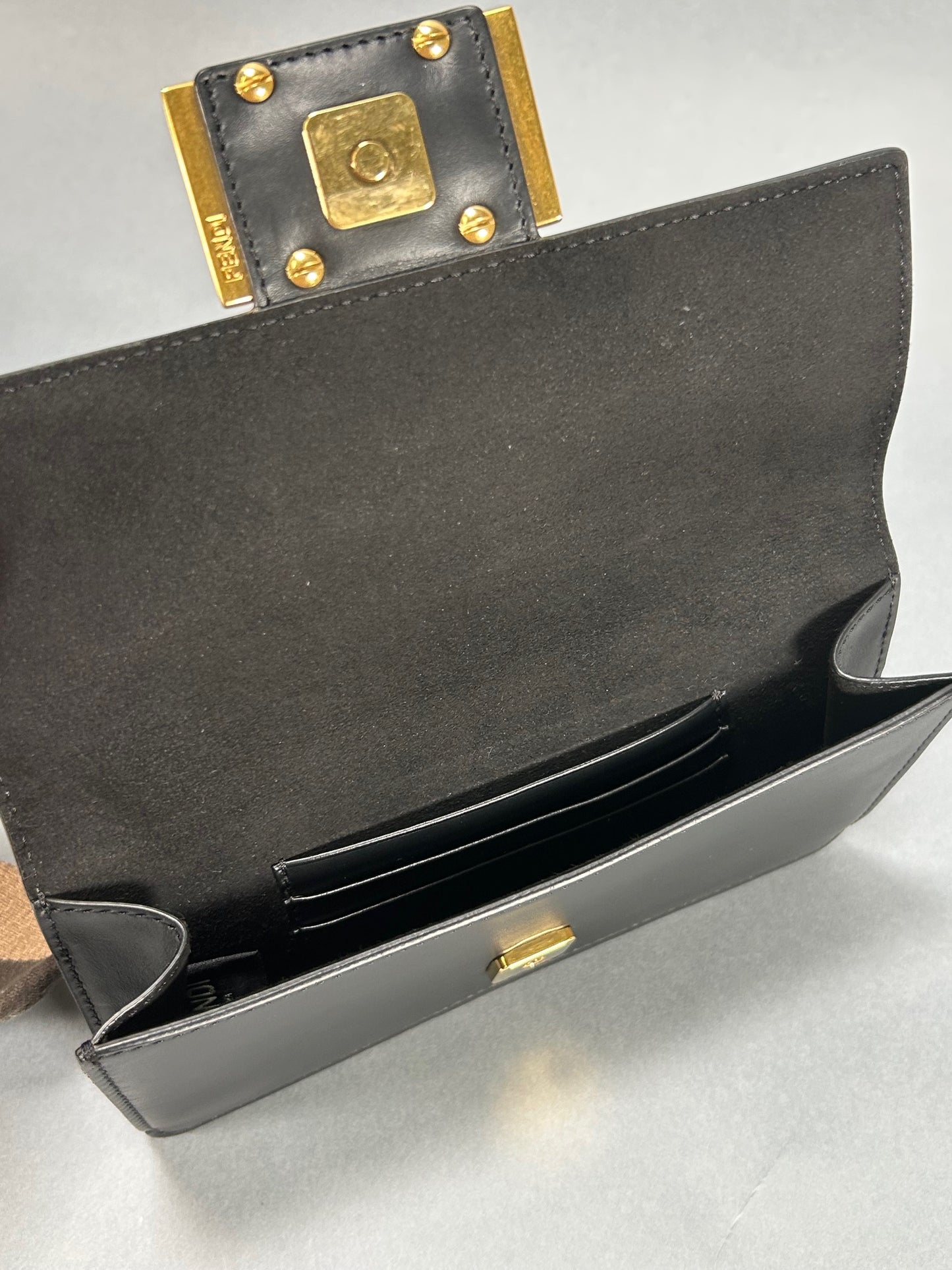 Black Calfskin Mini Flat Baguette with Strap