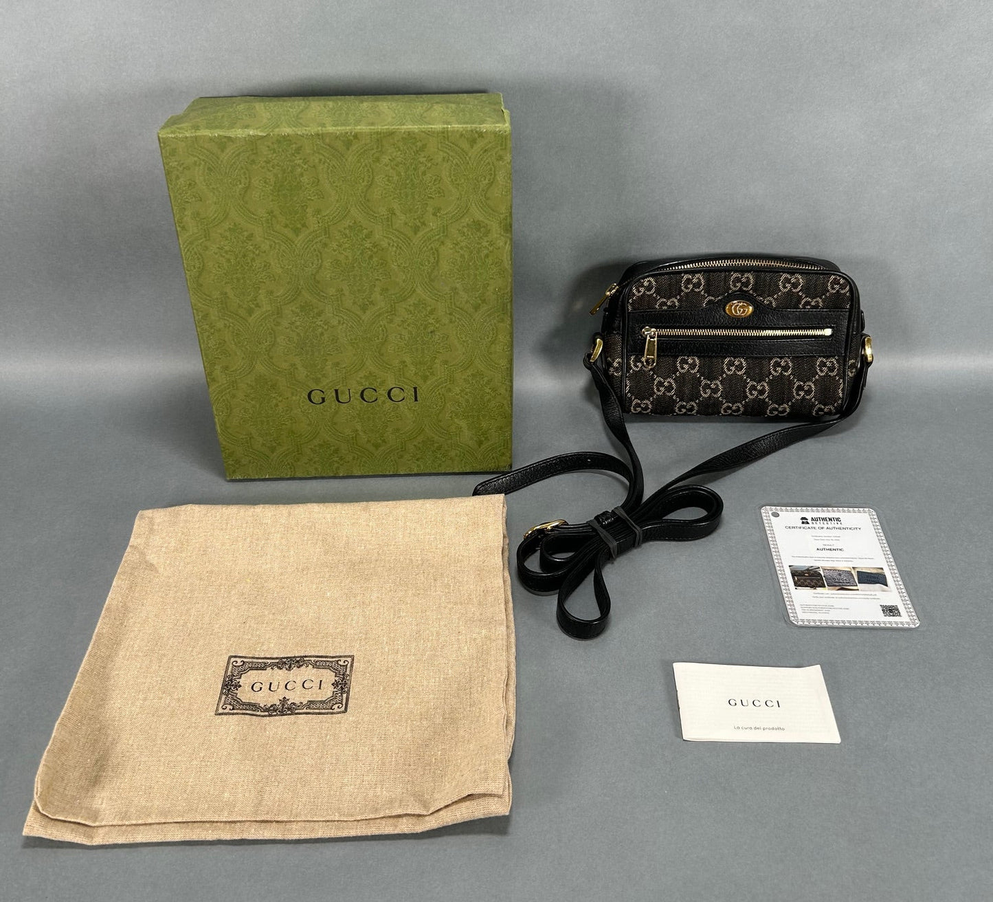 Gucci Mini Gg Black Denim Ophidia Crossbody Bag