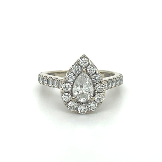 14K White Gold Halo Ring w/ Pear-Shaped Diamond; 3.5 g