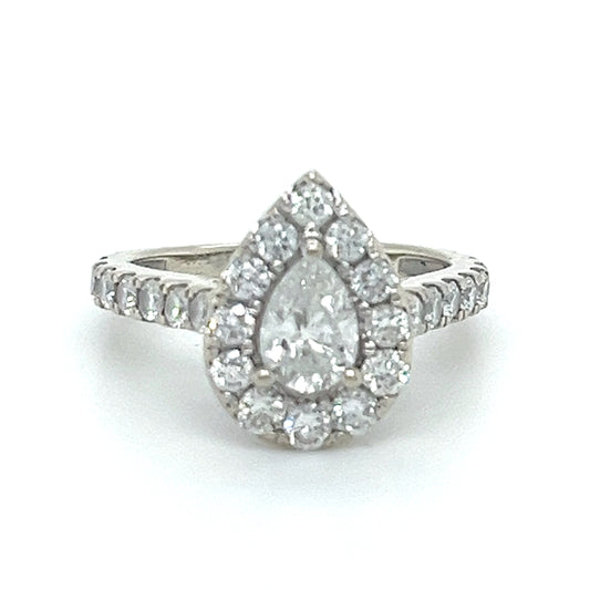 14K White Gold 1.34 CTW Pear-Shaped Diamond Halo Ring; 3.5 g