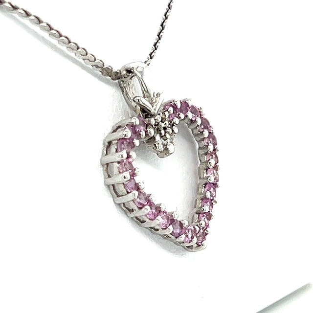 14K White Gold Diamond & Pink Sapphire Heart Pendant on 16" Chain Necklace