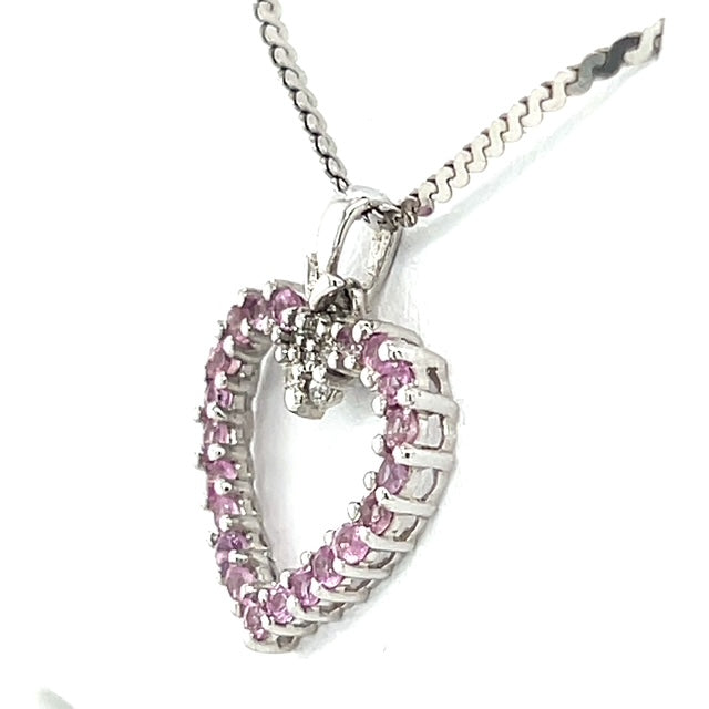 14K White Gold Diamond & Pink Sapphire Heart Pendant on 16" Chain Necklace