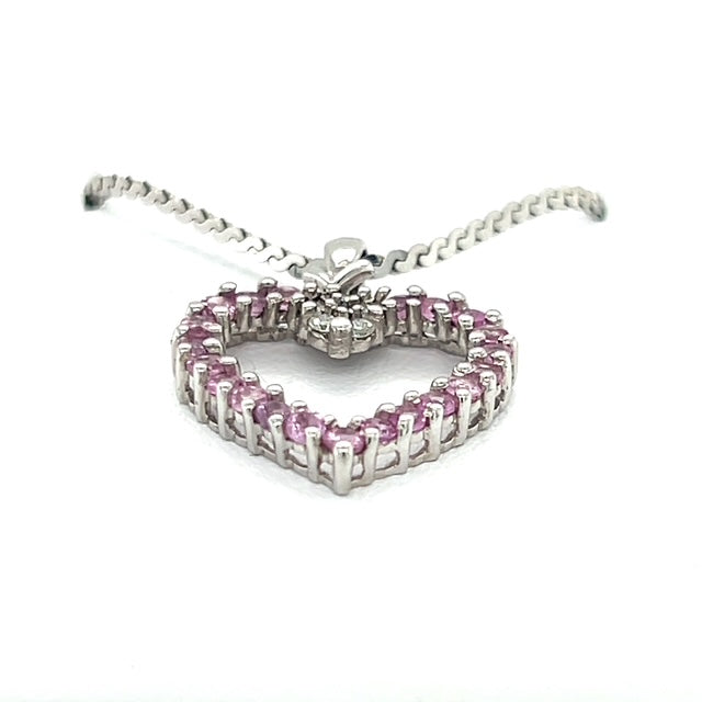 14K White Gold Diamond & Pink Sapphire Heart Pendant on 16" Chain Necklace