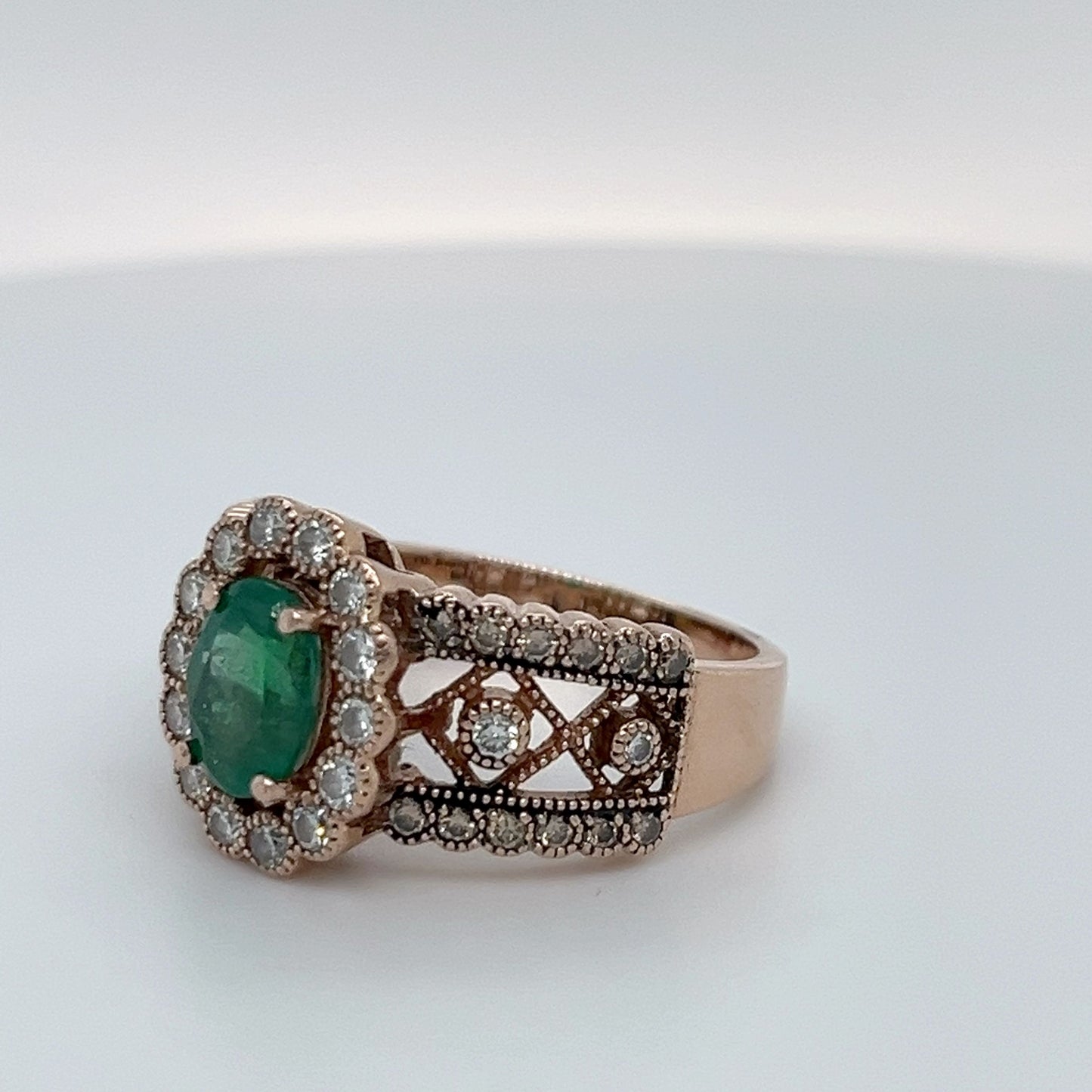 14K Rose Gold Ring w/ Emerald + 42x Halo Diamonds; 0.68CTW; Size 9