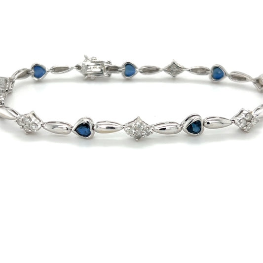 18K White Gold Diamond Sapphire Heart Bracelet; 7"; 6.2DWT; 9.6g