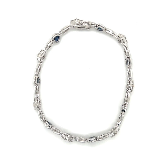 18K White Gold Diamond Sapphire Heart Bracelet; 7"; 6.2DWT; 9.6g