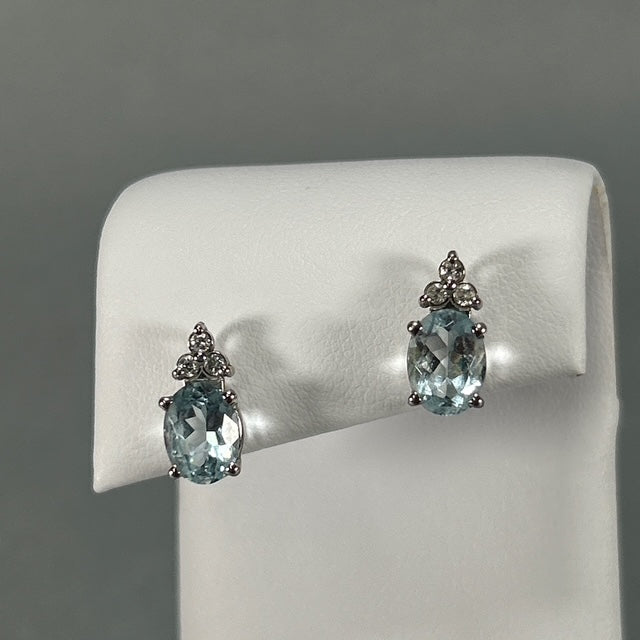 14K White Gold Diamond & Aquamarine Accent Earrings